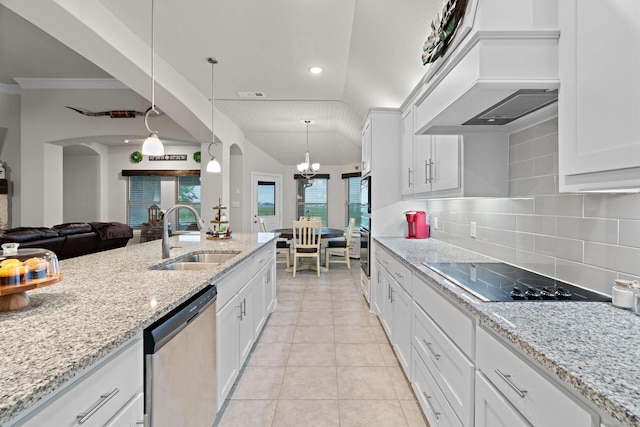 kitchen featuring black electric stovetop, stainless steel dishwasher, custom exhaust hood, white cabinets, and a sink