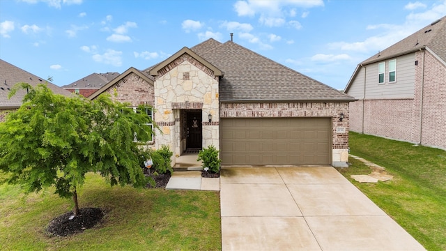 french country home featuring brick siding, a shingled roof, a garage, driveway, and a front yard