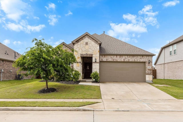 french provincial home with driveway, stone siding, roof with shingles, a front yard, and an attached garage
