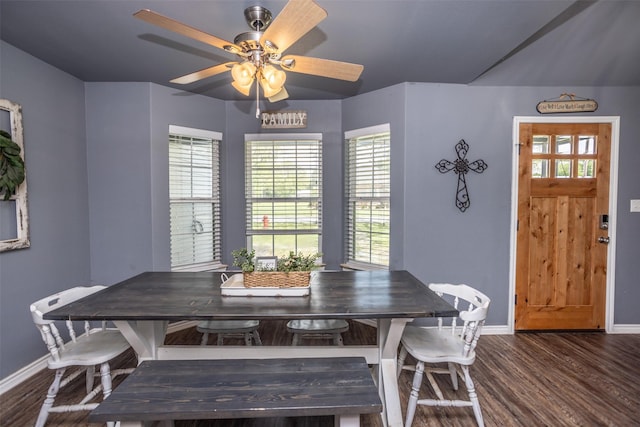 dining area featuring plenty of natural light, a ceiling fan, wood finished floors, and baseboards