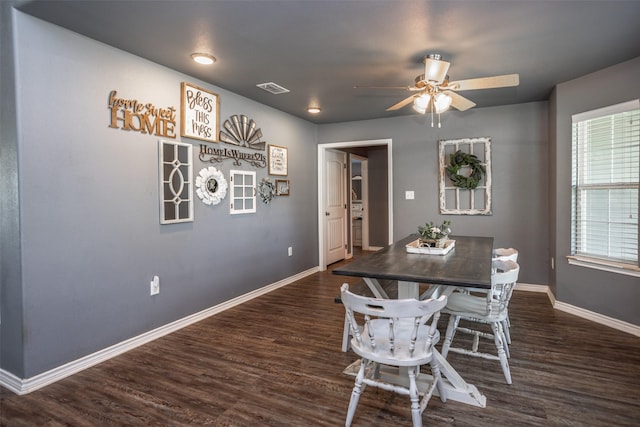 dining area featuring recessed lighting, baseboards, visible vents, a ceiling fan, and dark wood-type flooring