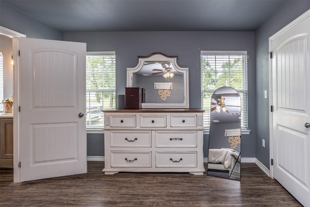 bedroom featuring dark wood-style flooring, baseboards, and multiple windows