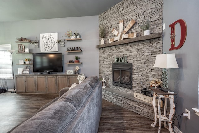 living room with baseboards, wood finished floors, and a fireplace