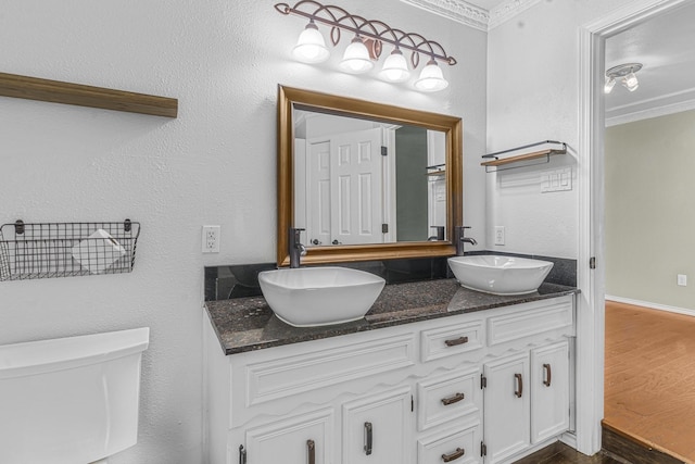 832 Ridgeview Dr, Burleson, TX 76028 - bathroom featuring double vanity, a sink, wood finished floors, and toilet