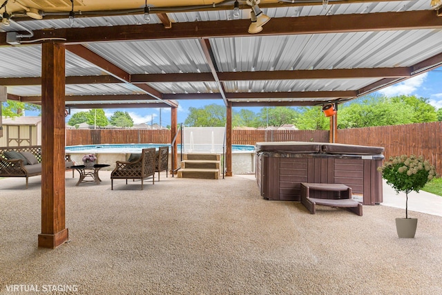 832 Ridgeview Dr, Burleson, TX 76028 - view of patio featuring a hot tub, a fenced in pool, and a fenced backyard