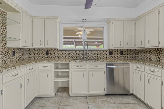 832 Ridgeview Dr, Burleson, TX 76028 - kitchen featuring open shelves, a sink, dishwasher, a ceiling fan, and backsplash