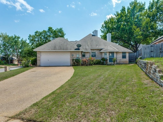 single story home with a front yard, driveway, an attached garage, and fence
