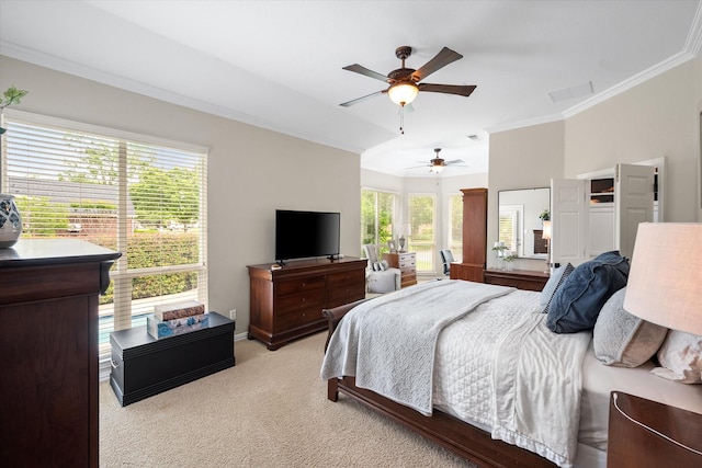 bedroom with light colored carpet, ceiling fan, baseboards, visible vents, and crown molding