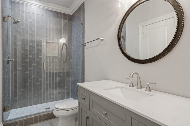 4260 Tranquility Ln, Prosper, TX 75078 - full bathroom with vanity, toilet, crown molding, and a stall shower