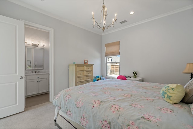 4260 Tranquility Ln, Prosper, TX 75078 - bedroom with a sink, an inviting chandelier, visible vents, ornamental molding, and light colored carpet