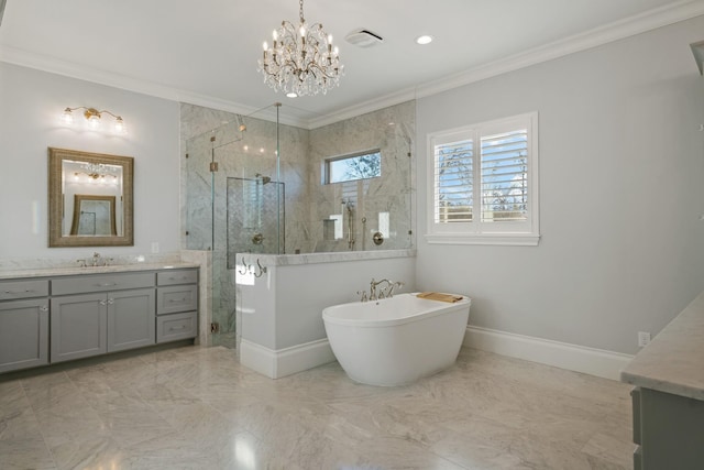 4260 Tranquility Ln, Prosper, TX 75078 - bathroom featuring a shower stall, crown molding, and vanity