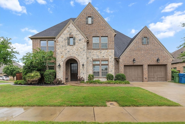 3404 Ophel Way, Flower Mound, TX 75028 - view of front of property with roof with shingles, stone siding, brick siding, a front yard, and driveway