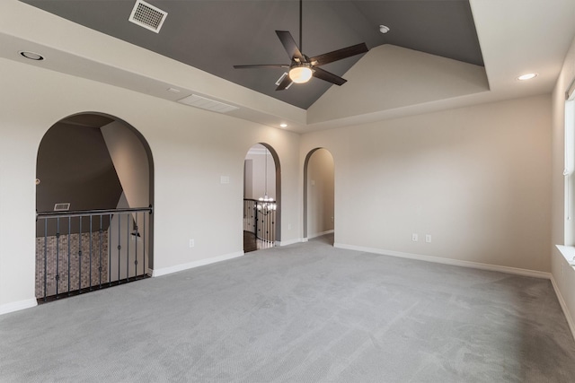 3404 Ophel Way, Flower Mound, TX 75028 - carpeted spare room with visible vents, lofted ceiling, ceiling fan, recessed lighting, and arched walkways