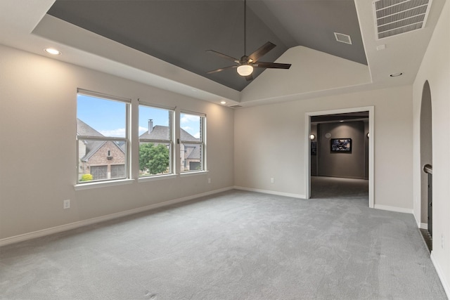 3404 Ophel Way, Flower Mound, TX 75028 - unfurnished bedroom featuring carpet flooring, visible vents, arched walkways, recessed lighting, and vaulted ceiling