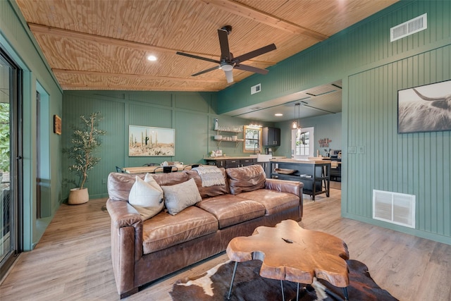 living area featuring wooden ceiling, light wood-type flooring, and visible vents
