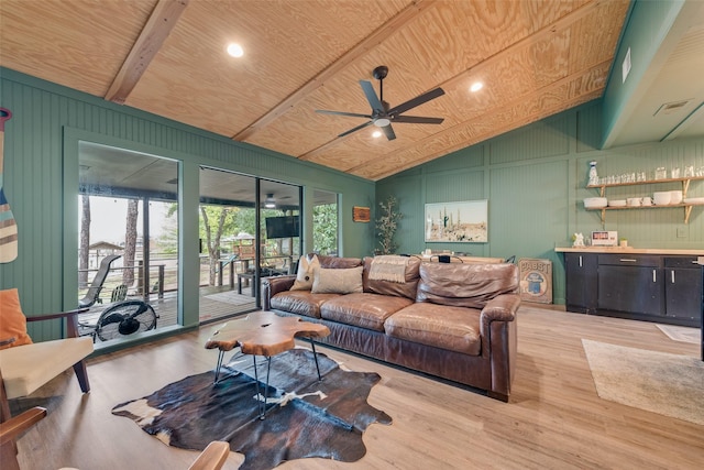 living area featuring wooden ceiling, ceiling fan, light wood finished floors, and lofted ceiling