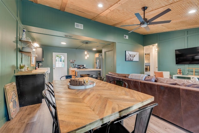 dining space featuring ceiling fan, visible vents, wooden ceiling, and light wood-style floors