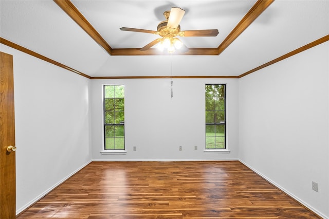 unfurnished room with wood finished floors, a raised ceiling, a healthy amount of sunlight, and ornamental molding