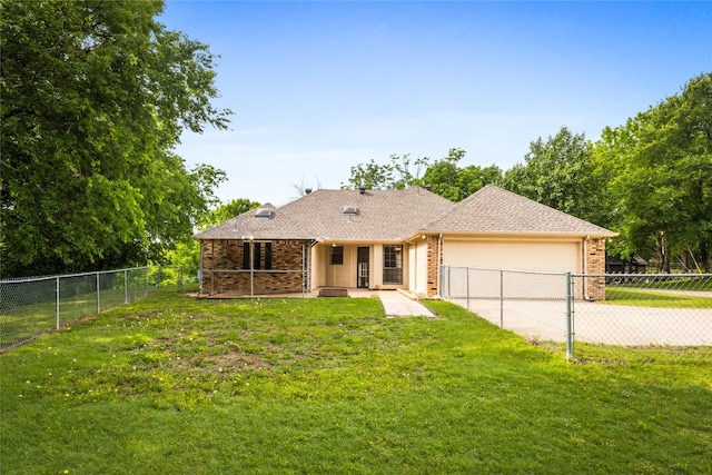 ranch-style home with concrete driveway, a front yard, brick siding, and a garage