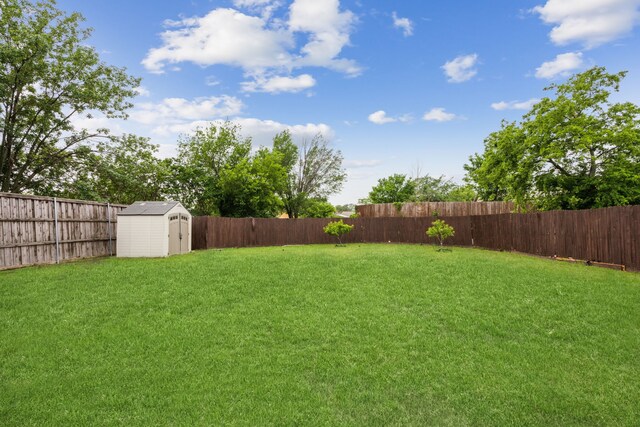 view of yard with a storage shed, an outbuilding, and a fenced backyard