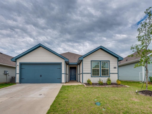 single story home featuring cooling unit, a front lawn, driveway, and an attached garage