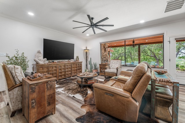 11900 Wind Hollow Ct, Tolar, TX 76476 - living area with wood finished floors, ceiling fan, crown molding, and recessed lighting