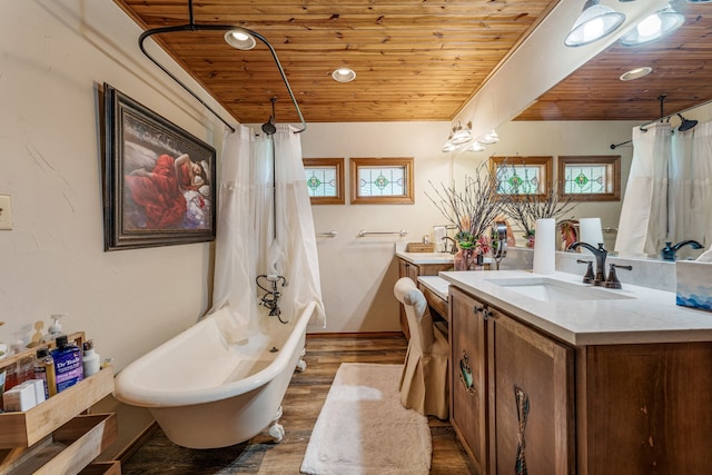 11900 Wind Hollow Ct, Tolar, TX 76476 - bathroom featuring wood ceiling, baseboards, vanity, wood finished floors, and recessed lighting