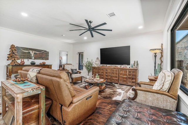 11900 Wind Hollow Ct, Tolar, TX 76476 - living room with a ceiling fan, crown molding, wood finished floors, and recessed lighting