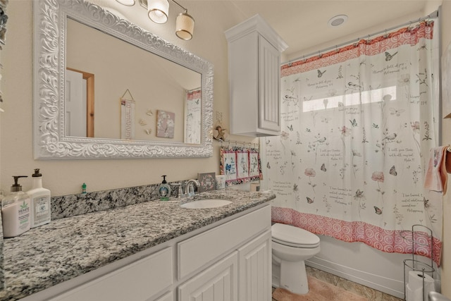 full bath with shower / bathtub combination with curtain, vanity, and toilet