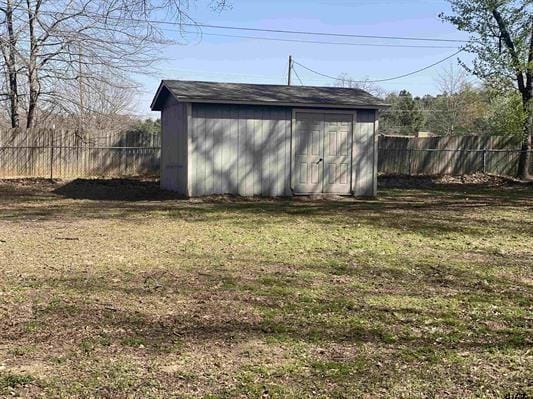 view of shed with a fenced backyard