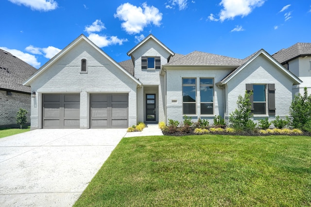view of front of property featuring concrete driveway, a front yard, brick siding, and a garage