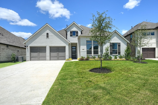 view of front of property with cooling unit, concrete driveway, a front lawn, and brick siding