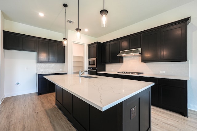kitchen with light wood-style flooring, a sink, visible vents, stainless steel appliances, and under cabinet range hood
