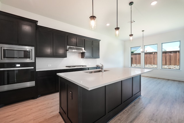 kitchen featuring tasteful backsplash, a sink, visible vents, stainless steel appliances, and under cabinet range hood