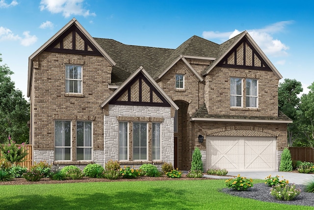 view of front of house featuring an attached garage, stone siding, a front lawn, concrete driveway, and roof with shingles