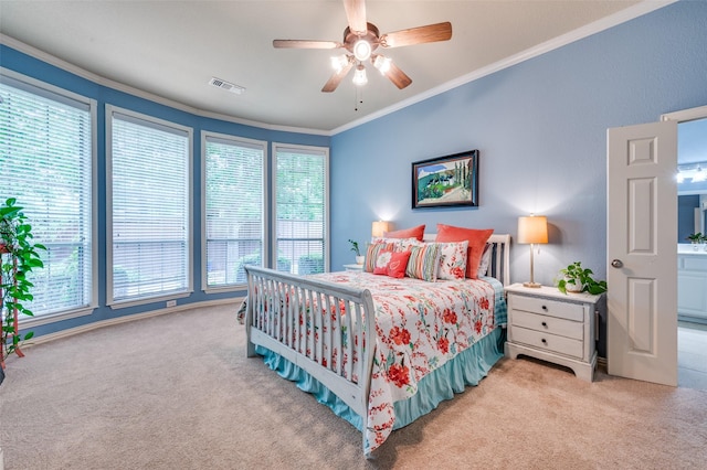 881 Willowmist Dr, Prosper, TX 75078 - bedroom featuring light colored carpet, multiple windows, crown molding, and ceiling fan