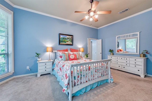 881 Willowmist Dr, Prosper, TX 75078 - carpeted bedroom featuring ornamental molding and a ceiling fan