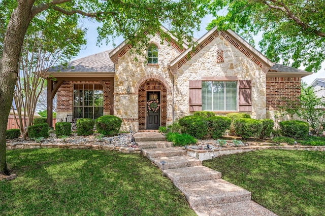 881 Willowmist Dr, Prosper, TX 75078 - view of front of home with stone siding, a front yard, and brick siding