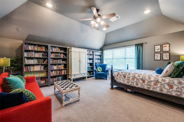 881 Willowmist Dr, Prosper, TX 75078 - bedroom featuring carpet flooring, lofted ceiling, recessed lighting, and ceiling fan