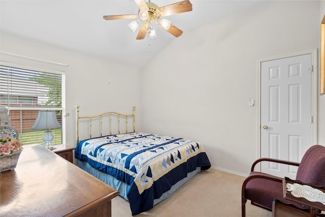 carpeted bedroom featuring a ceiling fan, high vaulted ceiling, and baseboards