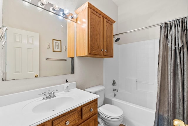 full bathroom with toilet, shower / tub combo, and vanity