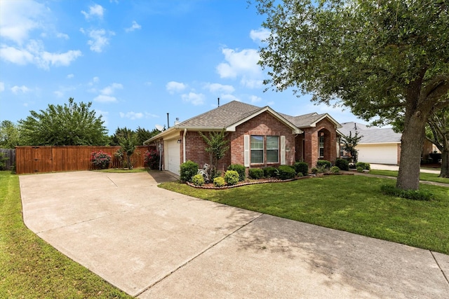 single story home with brick siding, fence, a garage, a front lawn, and concrete driveway