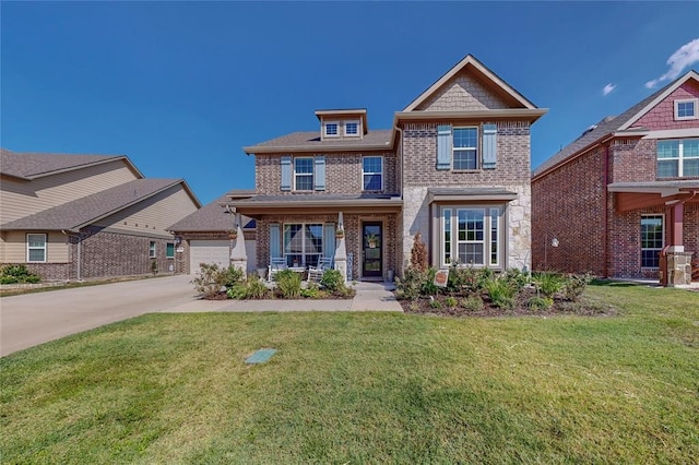 view of front facade featuring a front yard, a garage, concrete driveway, and brick siding