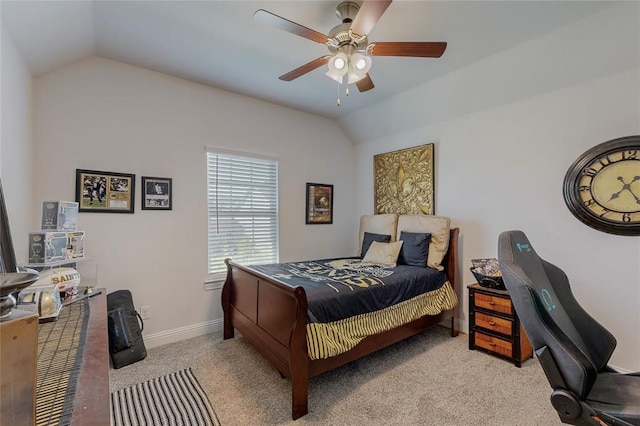 carpeted bedroom featuring lofted ceiling, ceiling fan, and baseboards