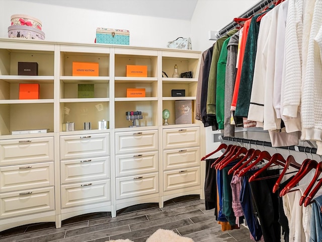 walk in closet featuring dark wood-style flooring
