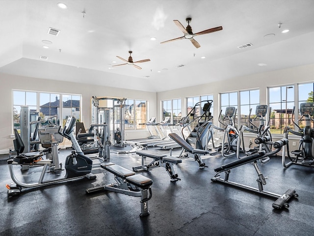 exercise room with visible vents, a healthy amount of sunlight, recessed lighting, and a ceiling fan