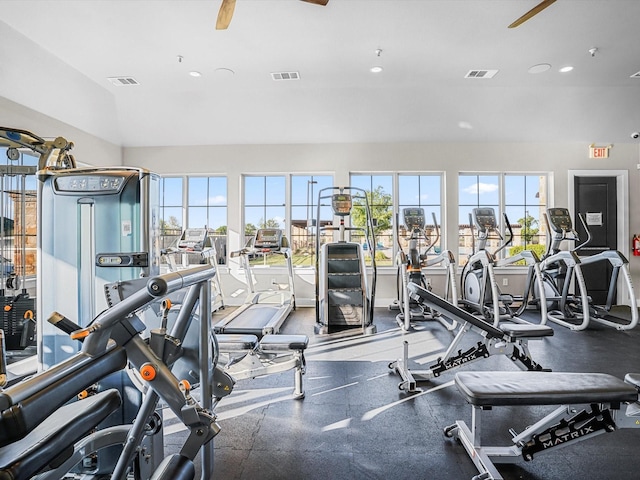 workout area featuring a healthy amount of sunlight, visible vents, and a ceiling fan