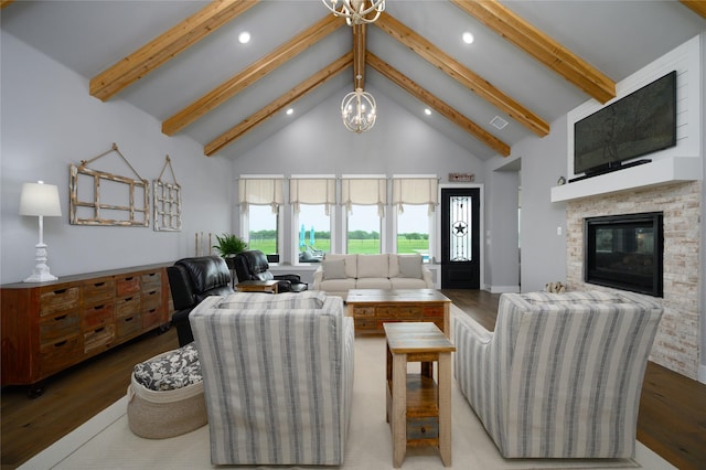 450 County Road 2411, Valley View, TX 76272 - living area with beamed ceiling, a notable chandelier, high vaulted ceiling, and wood finished floors
