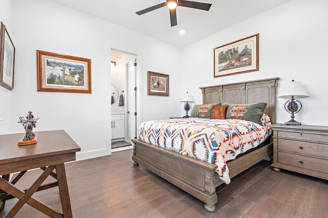 bedroom with ceiling fan, connected bathroom, recessed lighting, and dark wood finished floors