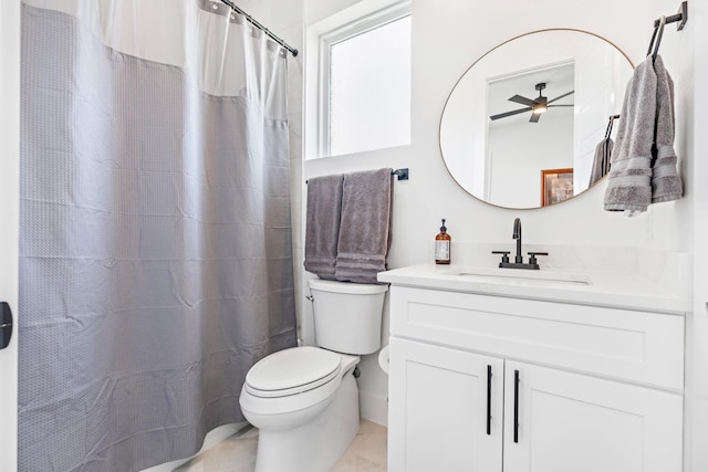 bathroom with ceiling fan, toilet, and vanity